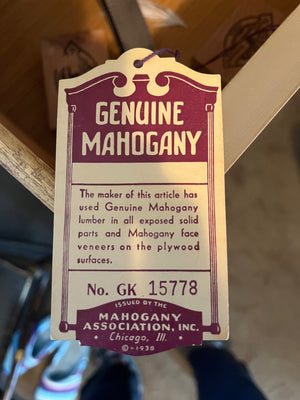 Vintage Genuine Mahogany Association, Inc. Mahogany Lumber Hang Tag Purple & Cream Paper with Cord 24 1/2 H x 22 w x 17 1/2 D
