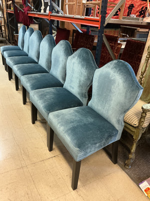 10 Custom Aegean Textile Dining Chairs  (8 Armless, 2 With Arms) With Curved Backs, Tapered Legs & Nailhead-Style Trim