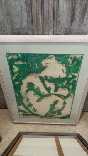Framed Abstract Green and Off-White Art Print with Wide Mat in Light Wood-Toned Frame 39x30