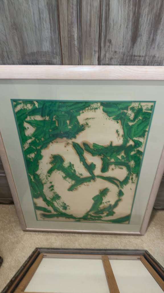 Framed Abstract Green and Off-White Art Print with Wide Mat in Light Wood-Toned Frame 39x30