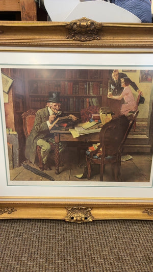 Vintage Framed Gentleman’s Study & Office Scene Print – 39” x 44”