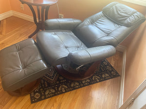 Benchmaster Gray Leather Recliner and Ottoman