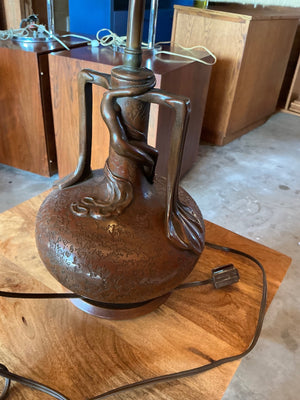 Olive Kooken sculptural bronze table lamp, figural nude female with branch handles, Art Deco style, 20" tall