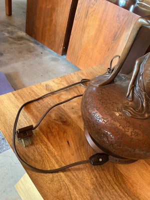 Olive Kooken sculptural bronze table lamp, figural nude female with branch handles, Art Deco style, 20" tall