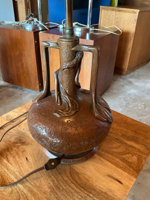 Olive Kooken sculptural bronze table lamp, figural nude female with branch handles, Art Deco style, 20" tall