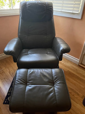 Benchmaster Gray Leather Recliner and Ottoman