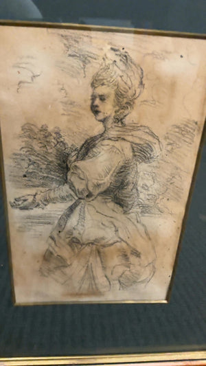 Antique British School (Circle of Sir Joshua Reynolds) Charcoal/Black Chalk Sketch of a Woman in Profile, Grand Manner, Wood & Gilt Frame 18x13