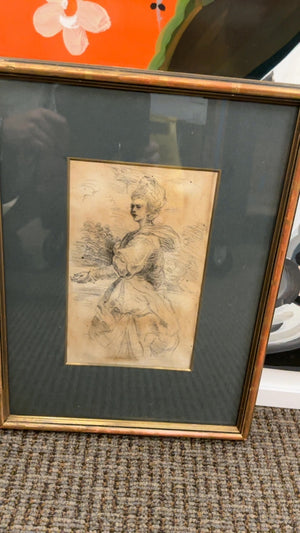 Antique British School (Circle of Sir Joshua Reynolds) Charcoal/Black Chalk Sketch of a Woman in Profile, Grand Manner, Wood & Gilt Frame 18x13