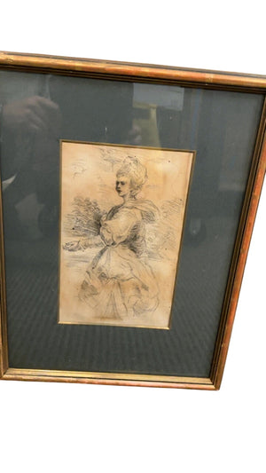 Antique British School (Circle of Sir Joshua Reynolds) Charcoal/Black Chalk Sketch of a Woman in Profile, Grand Manner, Wood & Gilt Frame 18x13
