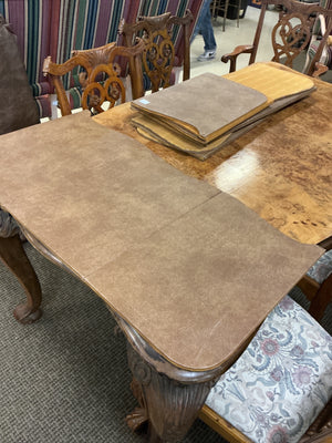 Queen Anne Carved Burl Walnut Dining Table + 6 Chairs + 2 Leaves