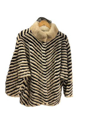 Vintage 80's Black & Ivory Mink Intarsia Chevron Pattern Wool Lined Jacket Medium