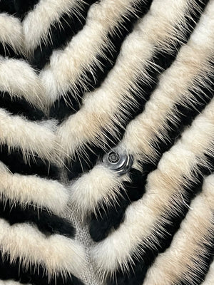 Vintage 80's Black & Ivory Mink Intarsia Chevron Pattern Wool Lined Jacket Medium