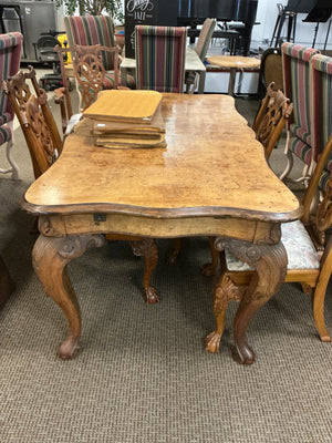 Queen Anne Carved Burl Walnut Dining Table + 6 Chairs + 2 Leaves