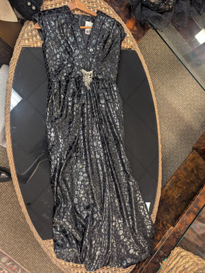 Vintage Giorgio Beverly Hills Ruben Panis Black Evening Gown w/ Brooch S/M