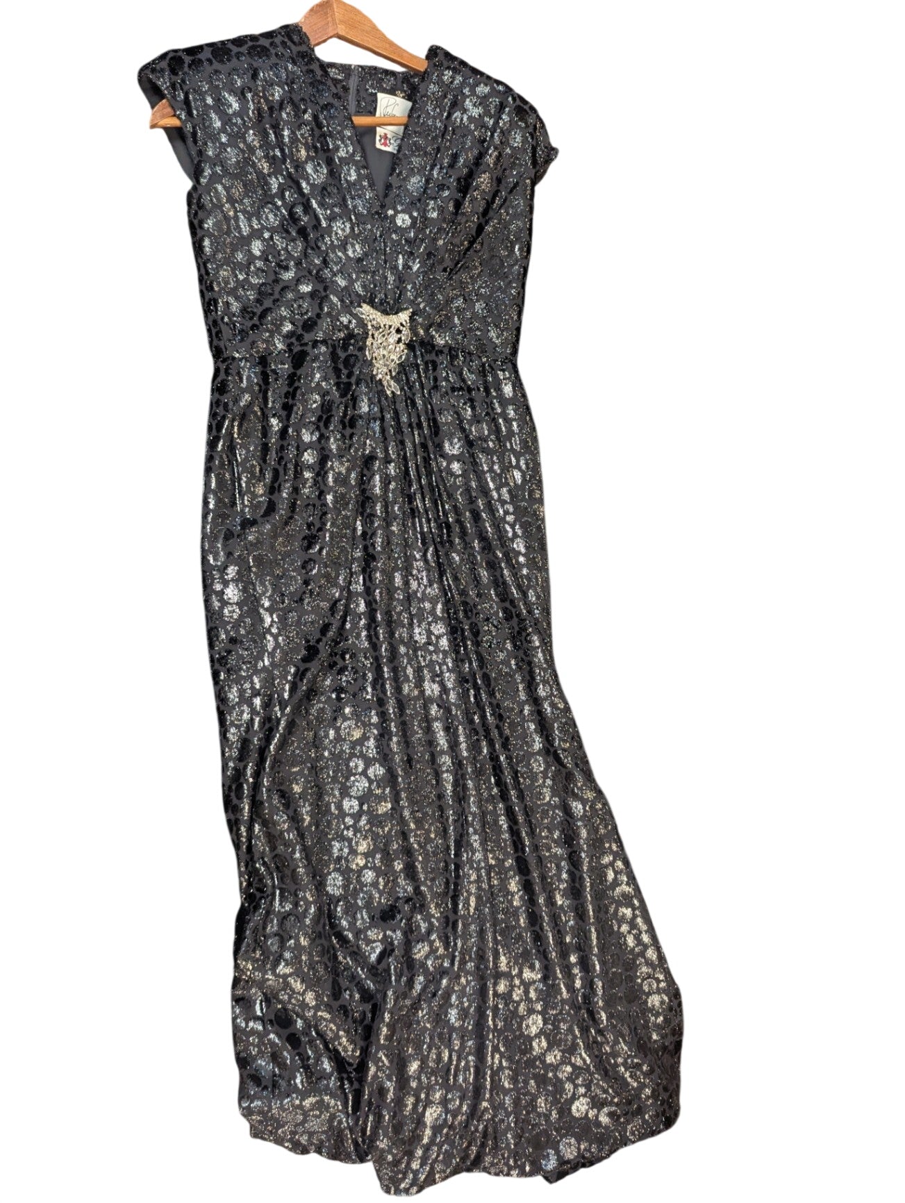 Vintage Giorgio Beverly Hills Ruben Panis Black Evening Gown w/ Brooch S/M