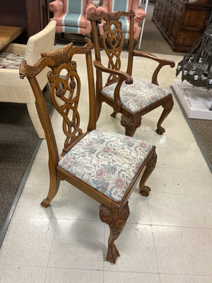 Queen Anne Carved Burl Walnut Dining Table + 6 Chairs + 2 Leaves