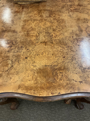 Queen Anne Carved Burl Walnut Dining Table + 6 Chairs + 2 Leaves