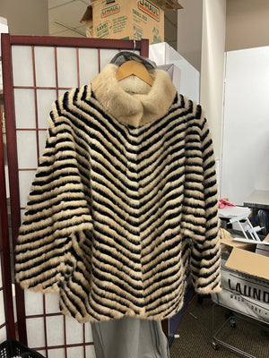Vintage 80's Black & Ivory Mink Intarsia Chevron Pattern Wool Lined Jacket Medium