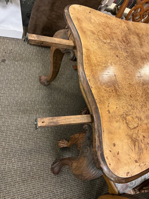 Queen Anne Carved Burl Walnut Dining Table + 6 Chairs + 2 Leaves