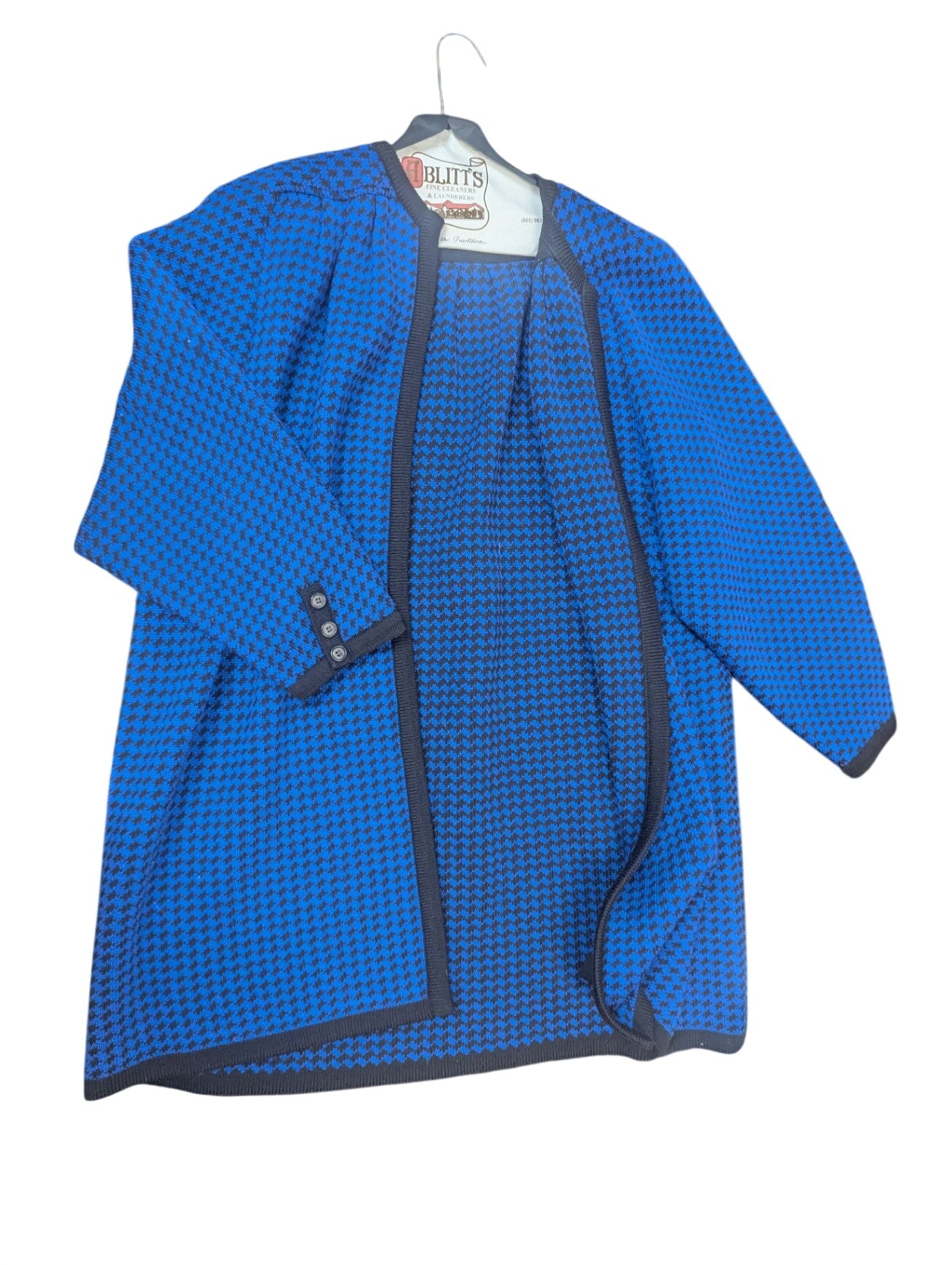 Vintage Valentino Miss V Houndstooth Blue & Black Wool Cardigan Long