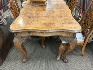 Queen Anne Carved Burl Walnut Dining Table + 6 Chairs + 2 Leaves