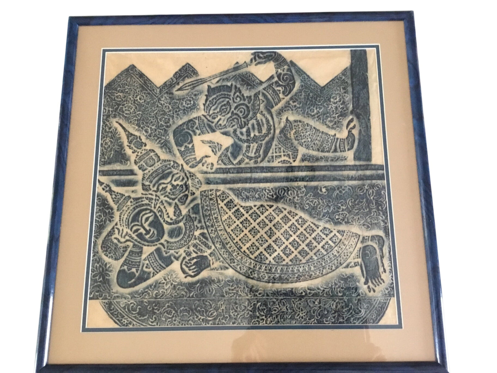 Framed Pre-1960s Thai Temple Rubbing on Rice Paper with Batik-Style Blue-and-Cream Pattern, Navy Frame