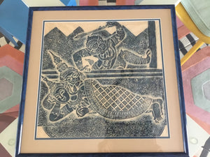 Framed Pre-1960s Thai Temple Rubbing on Rice Paper with Batik-Style Blue-and-Cream Pattern, Navy Frame