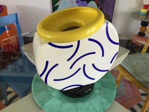 Memphis Milano Martine Bedin White & Blue Glossy Ceramic Cucumber Vase with Yellow Rim