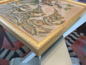 Antique Thai Temple Rubbing on Rice Paper in Gold-Toned Hammered Frame Under Glass, Multicolor (Pre-1960s)
