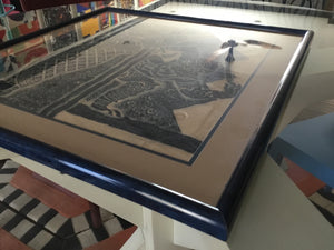 Framed Pre-1960s Thai Temple Rubbing on Rice Paper with Batik-Style Blue-and-Cream Pattern, Navy Frame