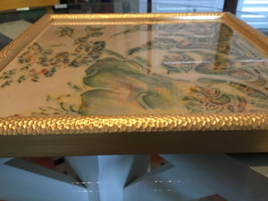 Antique Thai Temple Rubbing on Rice Paper in Gold-Toned Hammered Frame Under Glass, Multicolor (Pre-1960s)