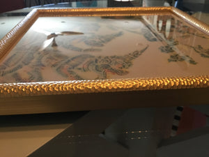 Antique Thai Temple Rubbing on Rice Paper in Gold-Toned Hammered Frame Under Glass, Multicolor (Pre-1960s)