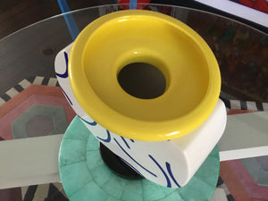 Memphis Milano Martine Bedin White & Blue Glossy Ceramic Cucumber Vase with Yellow Rim