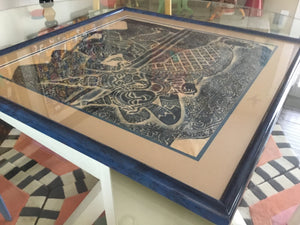 Framed Pre-1960s Thai Temple Rubbing on Rice Paper with Batik-Style Blue-and-Cream Pattern, Navy Frame