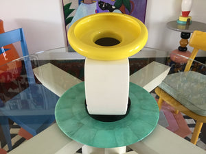 Memphis Milano Martine Bedin White & Blue Glossy Ceramic Cucumber Vase with Yellow Rim