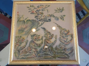 Antique Thai Temple Rubbing on Rice Paper in Gold-Toned Hammered Frame Under Glass, Multicolor (Pre-1960s)