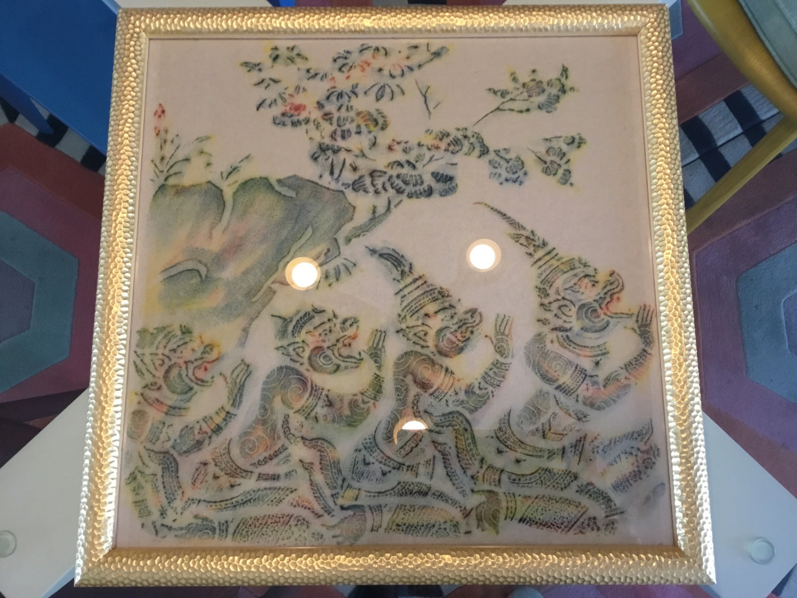 Antique Thai Temple Rubbing on Rice Paper in Gold-Toned Hammered Frame Under Glass, Multicolor (Pre-1960s)