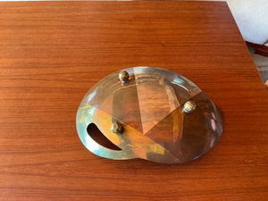 Vintage mid-century modern mixed-metal dish/catchall with brass and copper inlay and integrated cutout handle, Mexico, 1960s