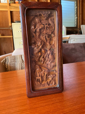 Antique Chinese High-Relief Carved Wood Panel in Rosewood Glass Frame