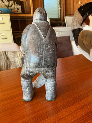 Vintage Inuit Soapstone Carving of Hooded Fisherman / Arctic Hunter Figure 9 in tall 4 in wide and 3.5 deep