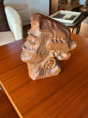 Vintage Hand-Carved Mahogany Bust of Aztec/Mayan Warrior with Large Circular Earring, Mid-Century Modern Style (José Pinal) — Wooden Carving