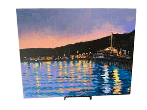 “Santa Barbara Harbor Night” Plein Air Acrylic Painting by Penny Schuchman, on Board (14 x 11 x 1 in)