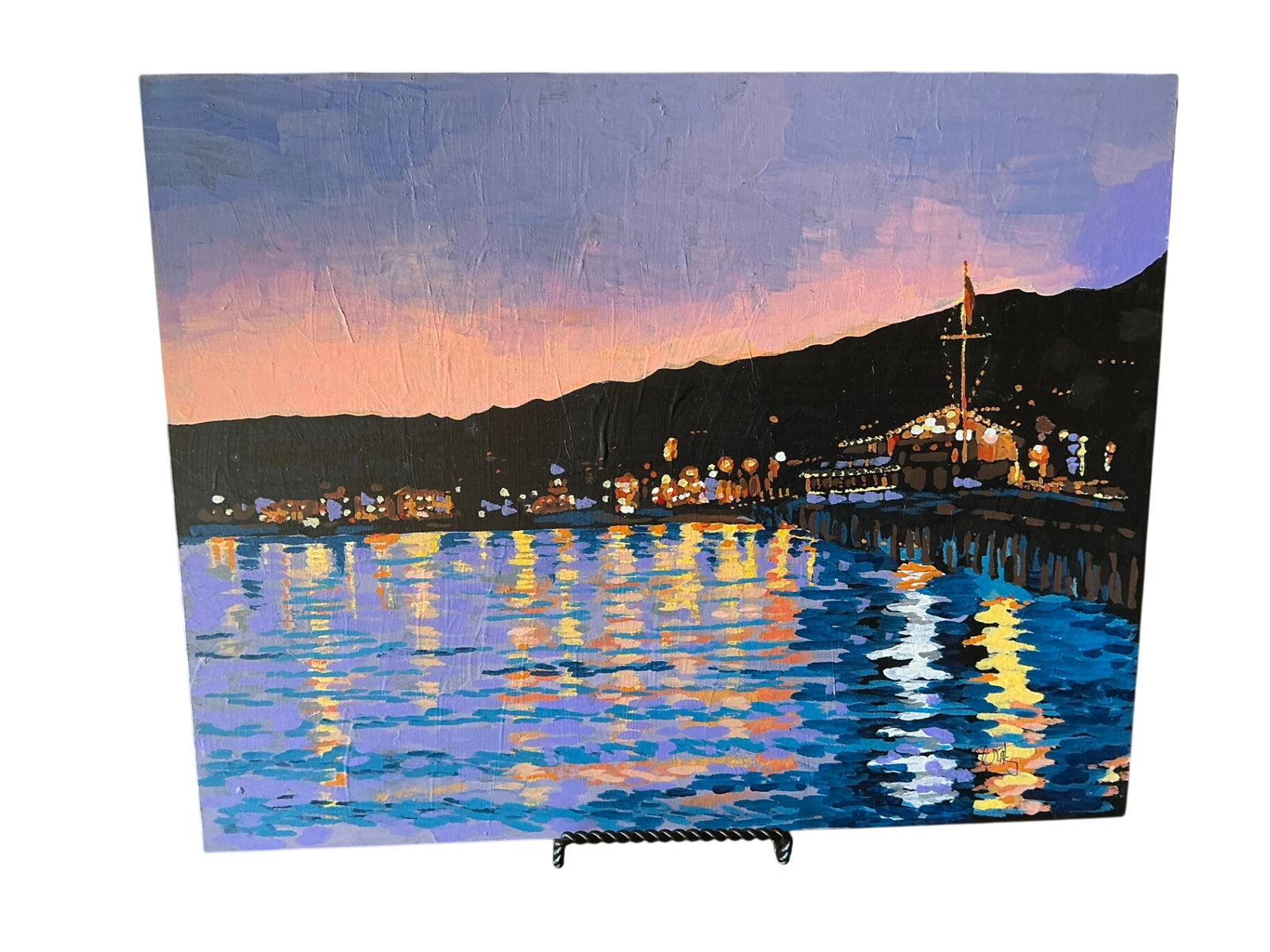 “Santa Barbara Harbor Night” Plein Air Acrylic Painting by Penny Schuchman, on Board (14 x 11 x 1 in)