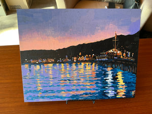 “Santa Barbara Harbor Night” Plein Air Acrylic Painting by Penny Schuchman, on Board (14 x 11 x 1 in)