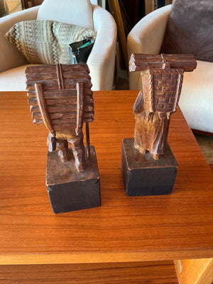Vintage Hand-Carved Wooden Folk Art Bookends Pair Alpine Woodcutter & Traveler Figures Dark-Stained on Rectangular Bases