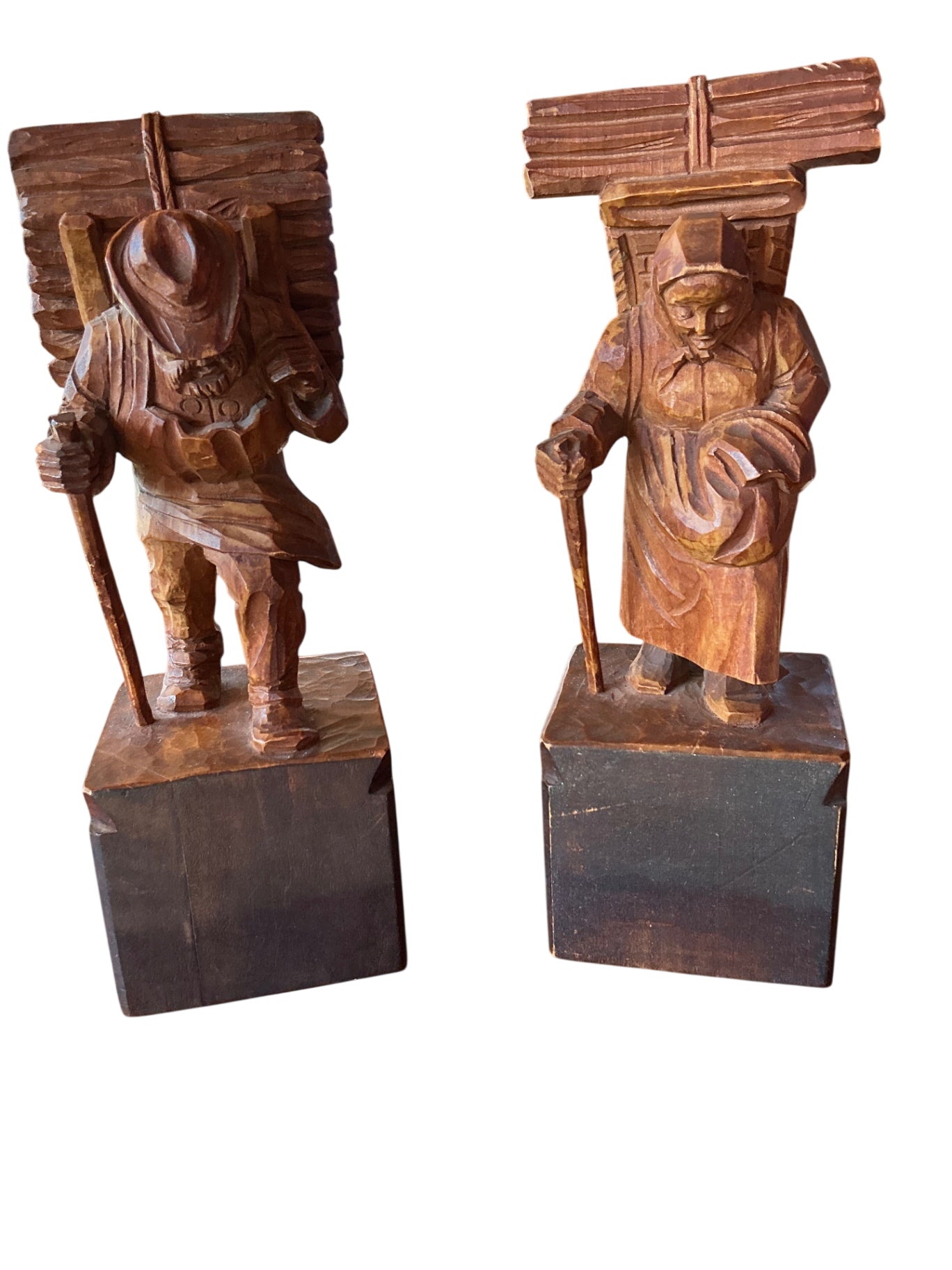 Vintage Hand-Carved Wooden Folk Art Bookends Pair Alpine Woodcutter & Traveler Figures Dark-Stained on Rectangular Bases