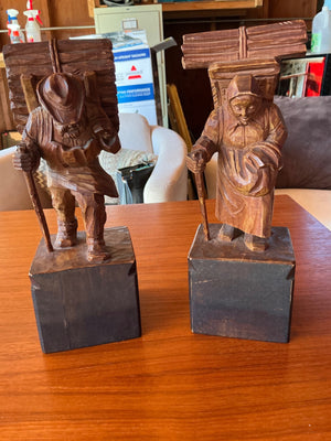 Vintage Hand-Carved Wooden Folk Art Bookends Pair Alpine Woodcutter & Traveler Figures Dark-Stained on Rectangular Bases
