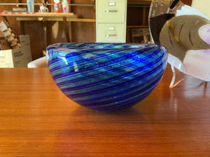 Venini “A Canne” Murano Art Glass Bowl, Blue Cobalt & Green Swirling Filigrana 6x4x2