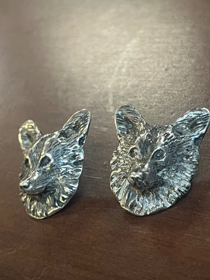 Vintage Silver Plate Pembroke Welsh Corgi Dog Head Pierced Post Earrings 1 1/4"