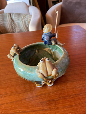 Decorative Glazed Ceramic Fisherman Frog Bowl